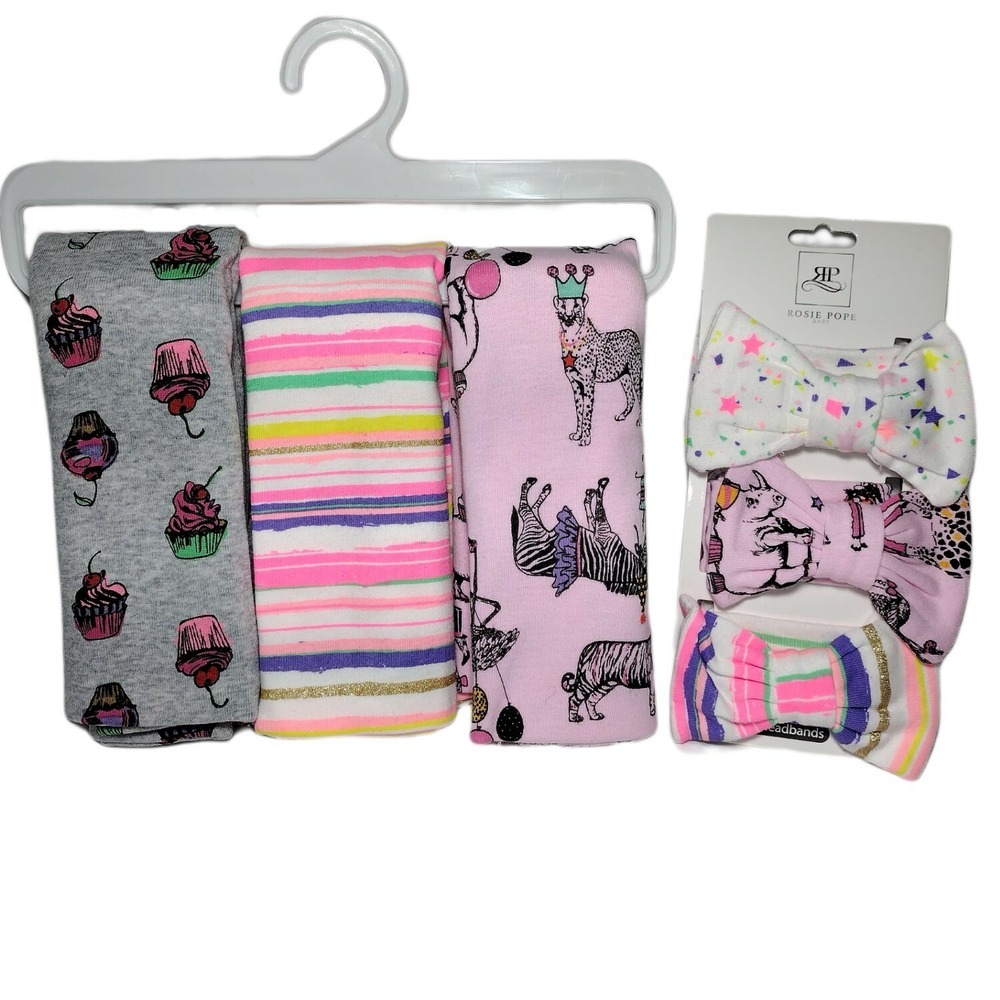 ROSIE POPE 3pc Party Animal Cupcake Swaddle Blanket Headband Lot Bow Cotton‎ NEW